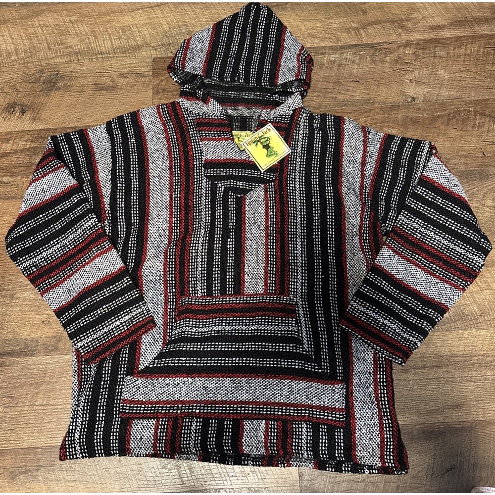 Iguana Jack Baja Hoodie L Mexican Jerga Surf Poncho Drug Rug Multicolor Striped